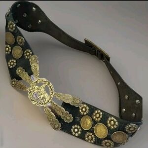 Vintage Argentine Leather Solid  Brass Flower And Coin Belt, Removable Buckle